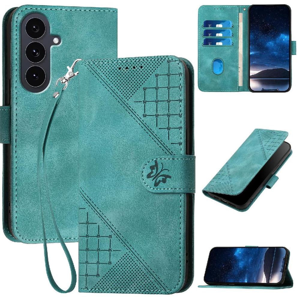 Flip Case for Samsung Galaxy S25 Fe with Detachable Hand Strap High Quality Leather Phone Case Embossed Butterfly and Credit Card Slot