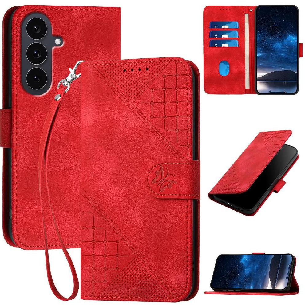 Flip Case for Samsung Galaxy S25 Fe with Detachable Hand Strap High Quality Leather Phone Case Embossed Butterfly and Credit Card Slot