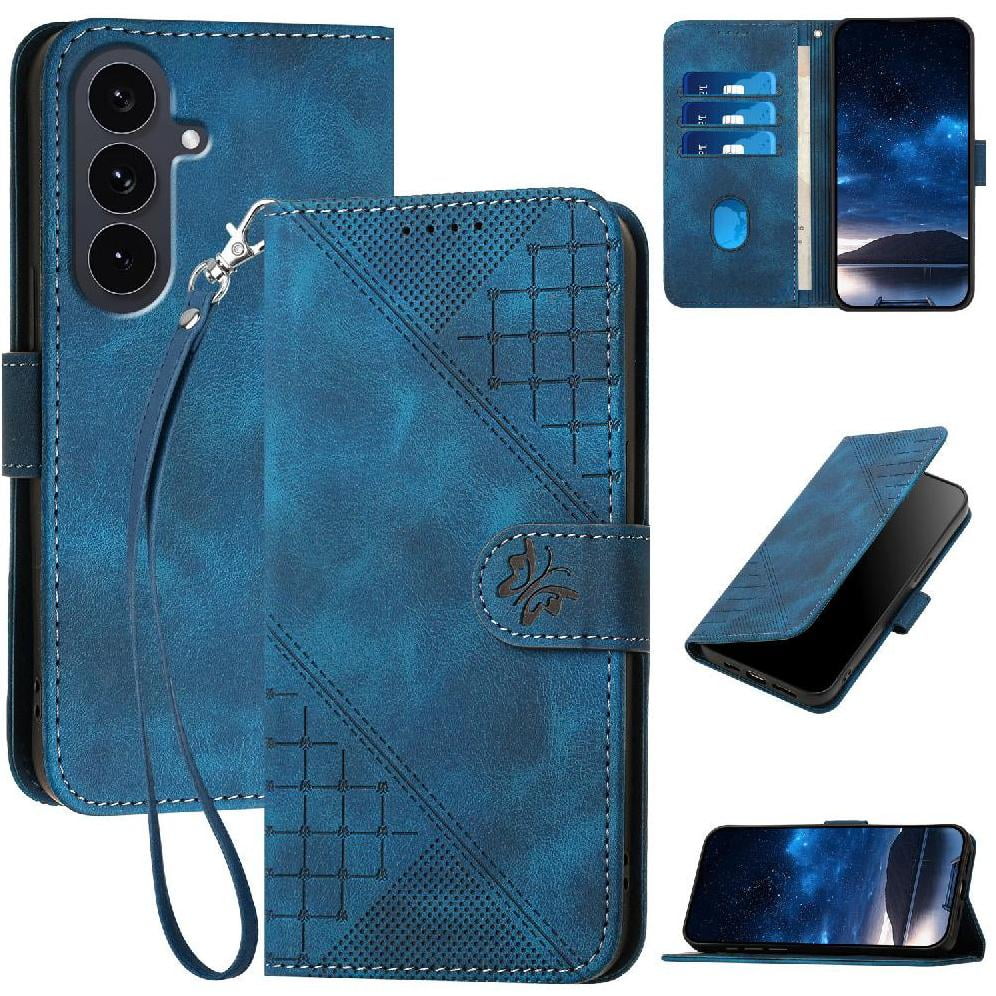 Flip Case for Samsung Galaxy S25 Fe with Detachable Hand Strap High Quality Leather Phone Case Embossed Butterfly and Credit Card Slot
