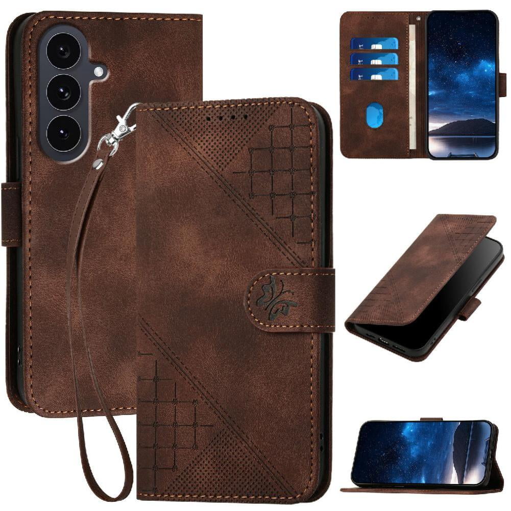 Flip Case for Samsung Galaxy S25 Fe with Detachable Hand Strap High Quality Leather Phone Case Embossed Butterfly and Credit Card Slot
