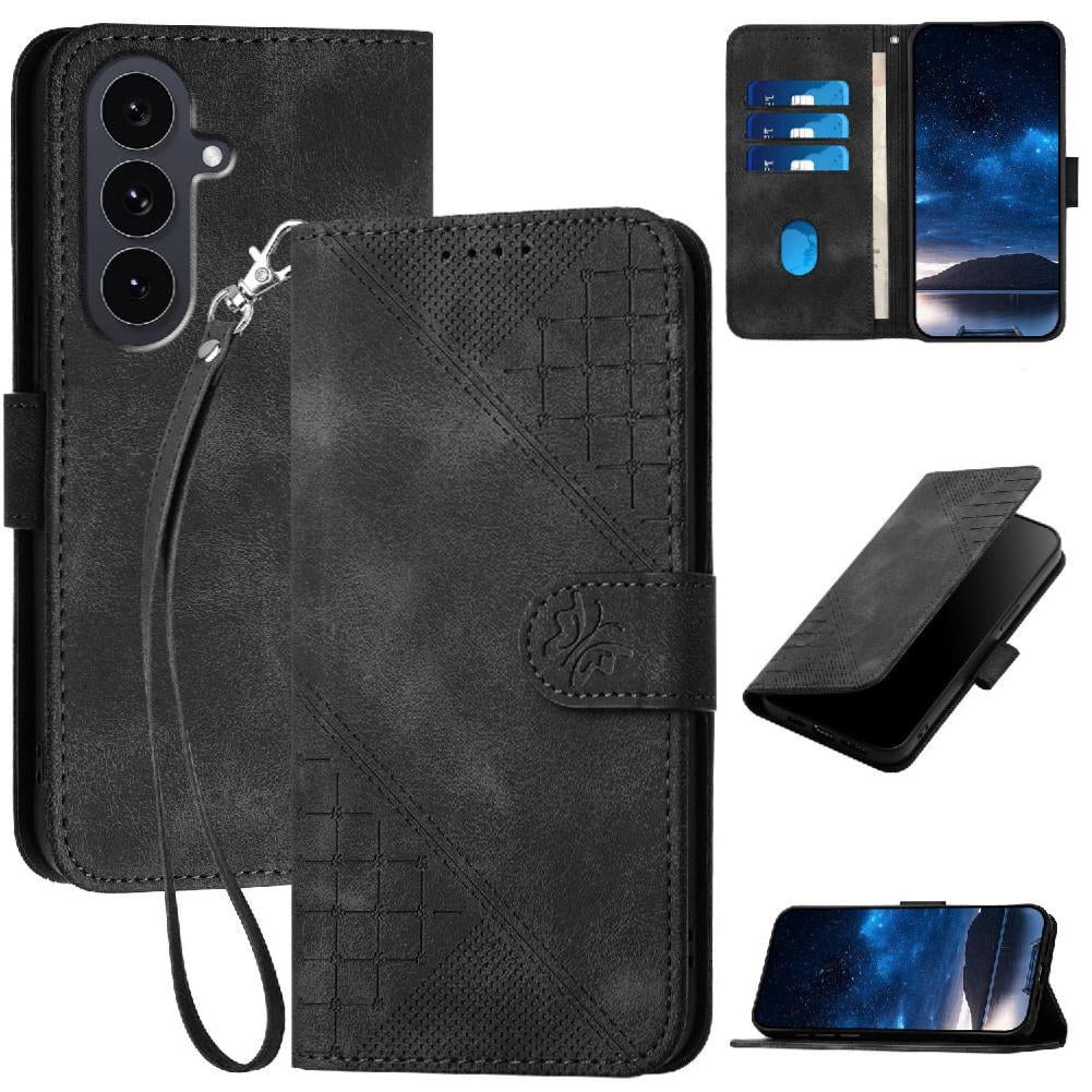 Flip Case for Samsung Galaxy S25 Fe with Detachable Hand Strap High Quality Leather Phone Case Embossed Butterfly and Credit Card Slot