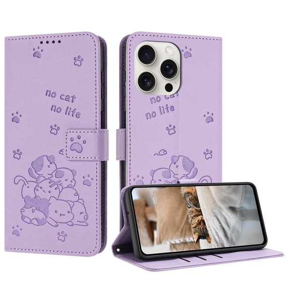 Flip Case for iPhone 13 Pro Max PU Leather Wallet Case with Card Slots Magnetic Clasp Stand Function Cover Lovely Embossed with Wrist Strap Soft Inner Case for iPhone 13 Pro Max - Purple