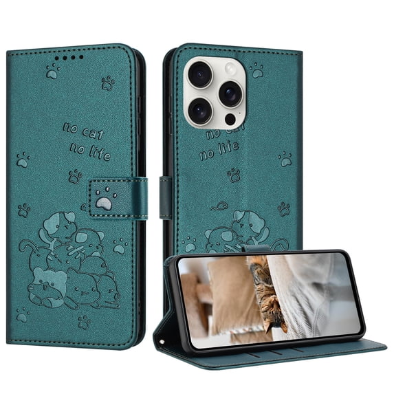 Flip Case for iPhone 13 Pro Max PU Leather Wallet Case with Card Slots Magnetic Clasp Stand Function Cover Lovely Embossed with Wrist Strap Soft Inner Case for iPhone 13 Pro Max - Darkgreen