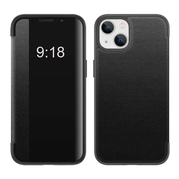 Flip Case for iPhone 15, Clear View Window Lychee Pattern PU Leather Folio Cover with Magnetic Closure Shockproof Full Protection Case for iPhone 15, Black