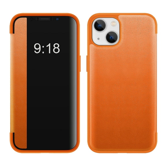 Flip Case for iPhone 15 Plus, Clear View Window Lychee Pattern PU Leather Folio Cover with Magnetic Closure Shockproof Full Protection Case for iPhone 15 Plus, Orange