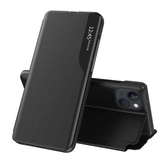 Flip Case for iPhone 15 Plus - PU Leather Business Case with Full Body Protection, Kickstand, Smart Clear View Window, Shockproof, Slim Cover for iPhone 15 Plus - Black