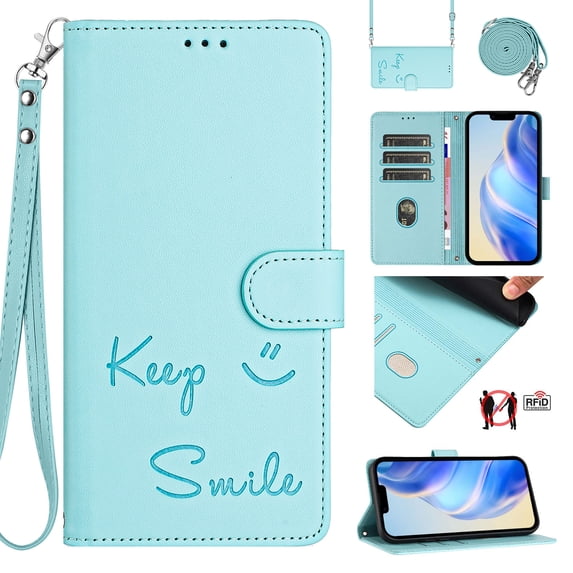 Flip Case for iPhone 15 Pro Max, Embossed PU Leather Full body Protection Wallet Case, Card Slots Kickstand, Wrist Strap + Shoulder Strap, RFID Blocking Magnetic Closure Phone Cover, Mint