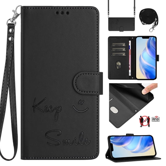 Flip Case for iPhone 15 Pro Max, Embossed PU Leather Full body Protection Wallet Case, Card Slots Kickstand, Wrist Strap + Shoulder Strap, RFID Blocking Magnetic Closure Phone Cover, Black