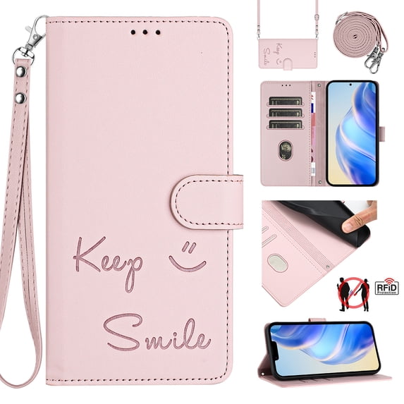 Flip Case for iPhone 16, Embossed PU Leather Full body Protection Wallet Case, Card Slots Kickstand, Wrist Strap + Shoulder Strap, RFID Blocking Magnetic Closure Phone Cover, Pink