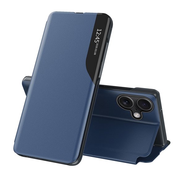 Flip Case for iPhone 16 - PU Leather Business Case with Full Body Protection, Kickstand, Smart Clear View Window, Shockproof, Slim Cover for iPhone 16 - Blue