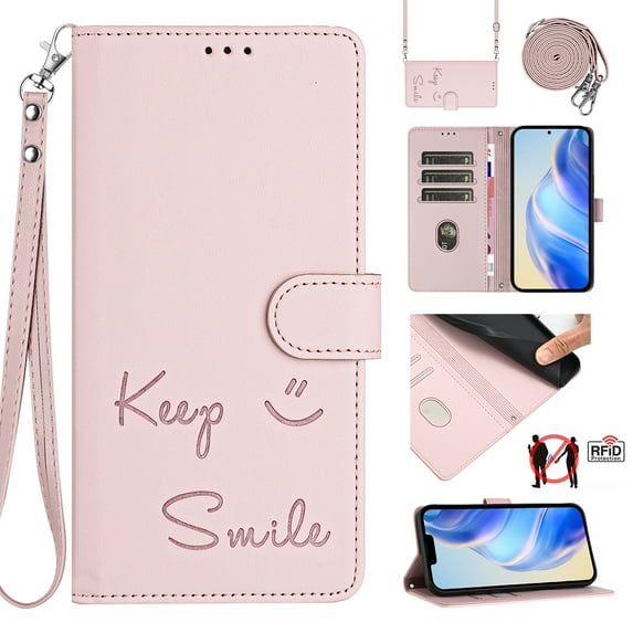 Flip Case for iPhone 16 Plus, Embossed PU Leather Full body Protection Wallet Case, Card Slots Kickstand, Wrist Strap + Shoulder Strap, RFID Blocking Magnetic Closure Phone Cover, Pink