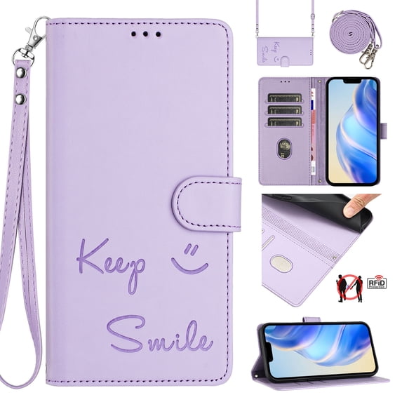 Flip Case for iPhone 16 Pro Max, Embossed PU Leather Full body Protection Wallet Case, Card Slots Kickstand, Wrist Strap + Shoulder Strap, RFID Blocking Magnetic Closure Phone Cover, Purple