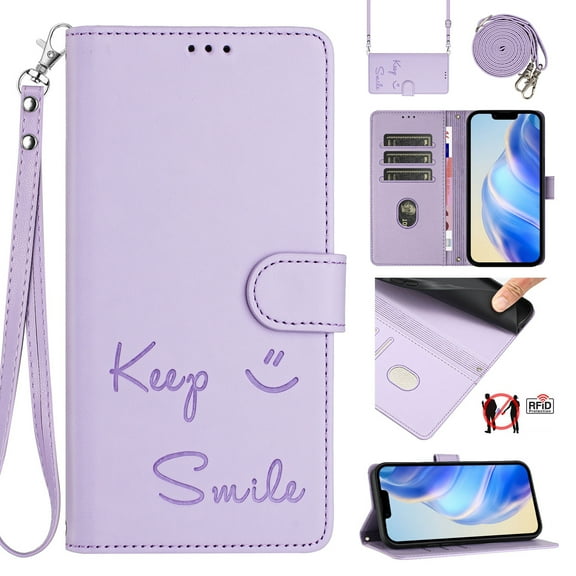 Flip Case for iPhone Air, Embossed PU Leather Full body Protection Wallet Case, Card Slots Kickstand, Wrist Strap + Shoulder Strap, RFID Blocking Magnetic Closure Phone Cover, Purple