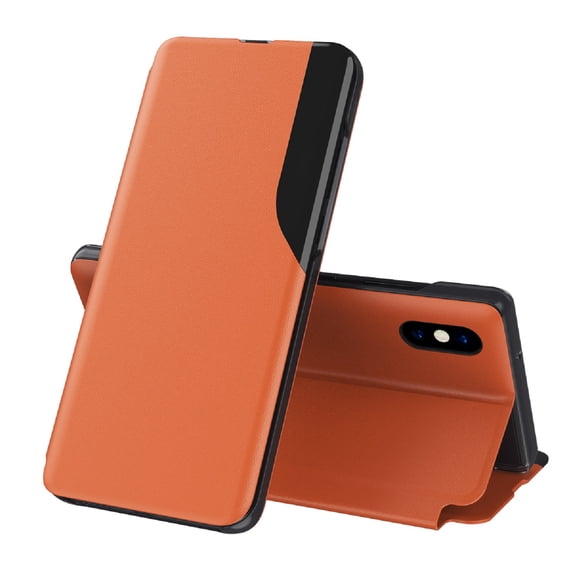 Flip Case for iPhone XS/iPhone X with Kickstand Magnetic Closure Bracket Mirror Window Case, Premium PU Leather Shockproof Anti-Drop Luxury Folio Phone Cover for iPhone XS/iPhone X 5.8 Inch,Orange