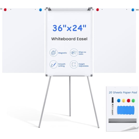 Flip Chart Easel, Dry Erase Board with Stand for Office Classroom School, Extended Display Arms and Adjustable Height, 36x24 in