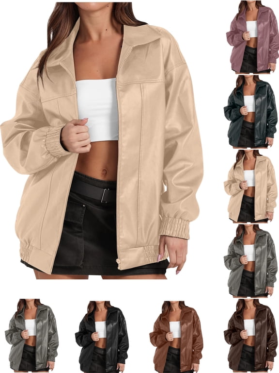 Casual Leather Jackets for Women Solid Color Leisure Long Sleeve Fashion Jackets Women's Non-Hooded Zip Up Jackets