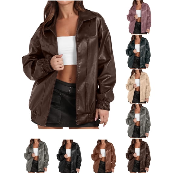 Casual Leather Jackets for Women Solid Color Leisure Long Sleeve Fashion Jackets Women's Non-Hooded Zip Up Jackets