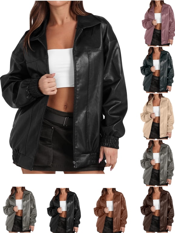 Casual Leather Jackets for Women Solid Color Leisure Long Sleeve Fashion Jackets Women's Non-Hooded Zip Up Jackets