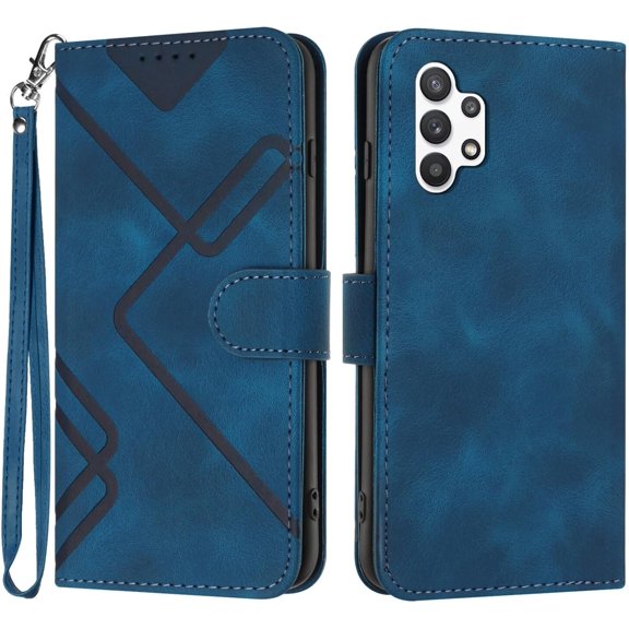 Flip Cover for Samsung Galaxy A32 5G Case Wallet, Men Women Stylish PU Leather Folio Shell Protective Bumper Card Holder Magnetic Folding Lanyard Case (Blue)