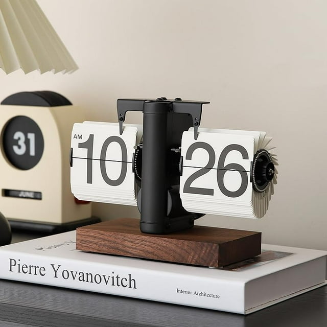 Flip Desk Clock, Retro Vintage Flip Desk Table Clock, Digital Flip Clock Sided Large Numbers Mechanical Flip Clock Wood Base for Living Room, Study Room and Office（Black）