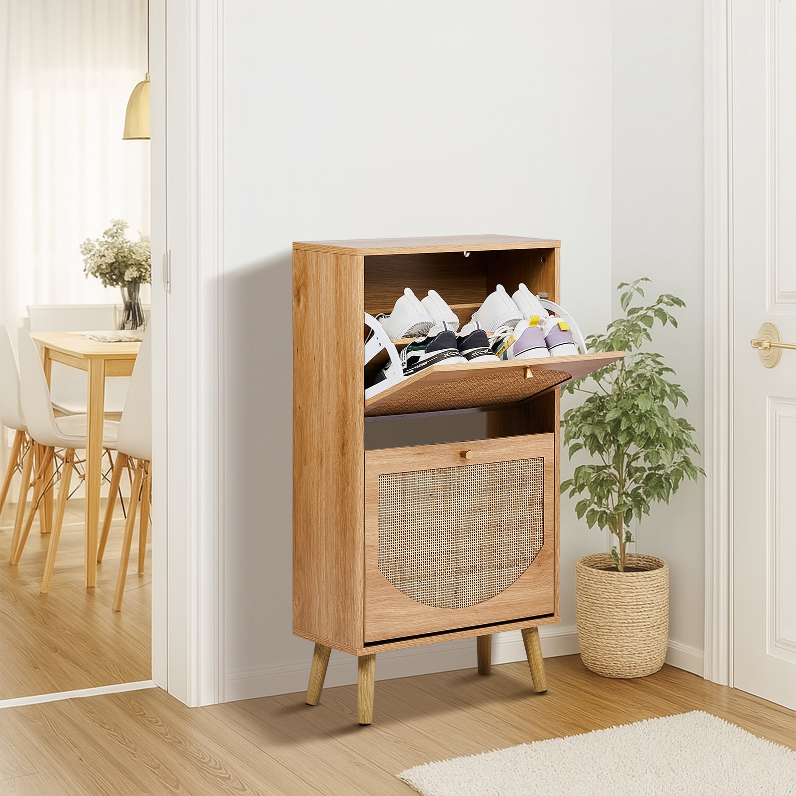 Flip Door Rattan Shoe Cabinet, High Density Fiberboard with Melamine Laminate, Mid Century Modern Shoe Storage Organizer, Slim Space Saving Shoe Rack for Entryway Hallway Small Spaces
