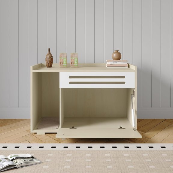 Flip-Down Cat Litter Box Enclosure, Ventilated Dog Proof Cabinet, Hidden End Table Furniture