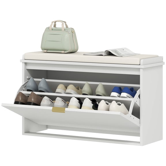 Flip-Drawer Entryway Bench with Padded Seat, White Shoe Cabinet Storage, 31.5 Inch Hallway Organizer