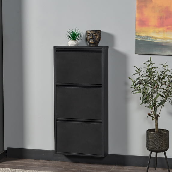 Flip Drawer Shoe Cabinet, Storage Organizer, Freestanding Shoe Rack, Wall Mounted No-Assembly (Black, 3 Drawer)