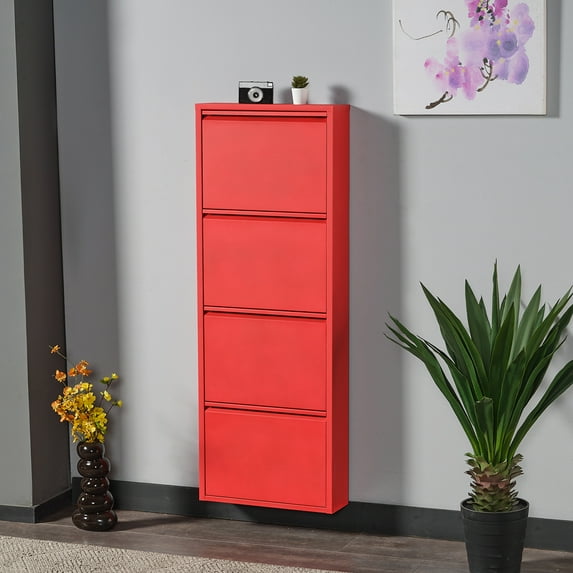 Flip Drawer Shoe Cabinet, Storage Organizer, Freestanding Shoe Rack, Wall Mounted No-Assembly (Red, 4 Drawer)