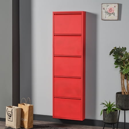 Flip Drawer Shoe Cabinet, Storage Organizer, Freestanding Shoe Rack, Wall Mounted No-Assembly (Red, 5 Drawer)