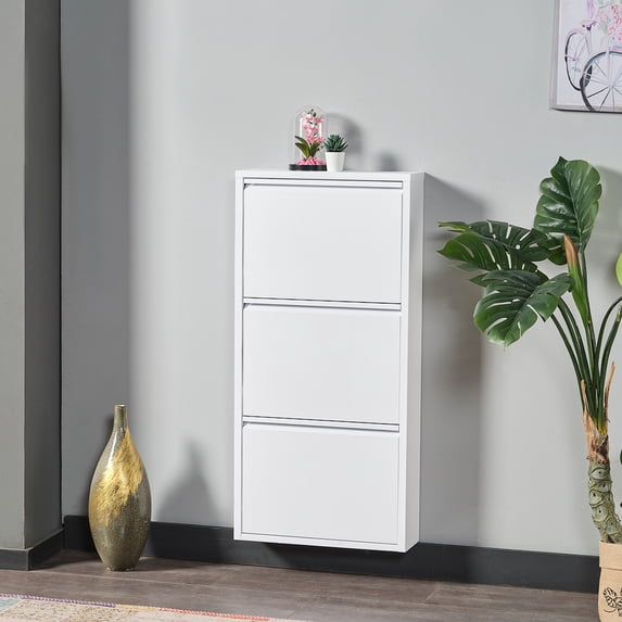 Flip Drawer Shoe Cabinet, Storage Organizer, Freestanding Shoe Rack, Wall Mounted No-Assembly (White, 3 Drawer)