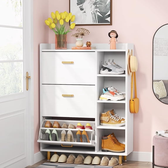 Flip Drawers Shoe Cabinet, Freestanding Tipping Bucket Shoes Cabinet Wooden Shoe Rack with 3 Flip Drawers and 5 Tiers Shelves