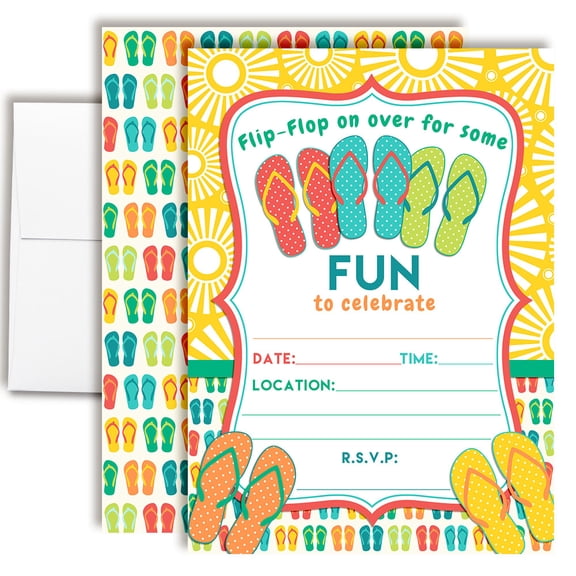 Flip Flop Birthday Invitations for Kids, 20 Fill-In Cards with Envelopes, 5x7 Children's Party Invitations, Birthday Party Supplies, Made in USA by Amanda Creation