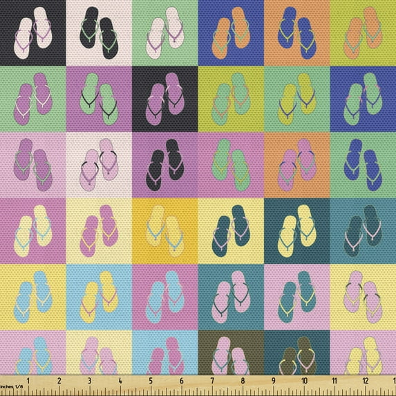Flip Flop Fabric by the Yard Upholstery, Colorful Multi Formed Image a Pair of Slippers Checkered Summer Theme Pattern, Decorative Fabric for DIY and Home Accents, 10 Yards, Multicolor by Ambesonne