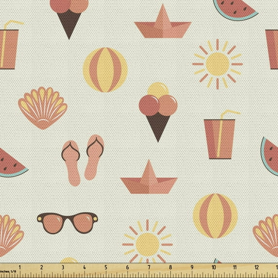 Flip Flop Fabric by the Yard Upholstery, Summer Vacation Beach Concept Ice Cream Sunglasses and Watermelon, Decorative Fabric for DIY and Home Accents, 3 Yards, Salmon Peach and Mustard by Ambesonne