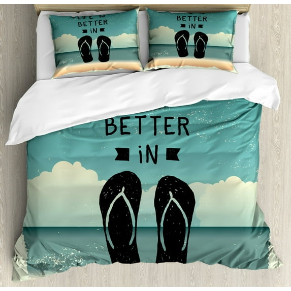Flip Flop King Size Duvet Cover Set, Scribbled Hand Drawn Style Beach Sandals with a Message on Oceanic Background, Decorative 3 Piece Bedding Set with 2 Pillow Shams, Multicolor, by Ambesonne