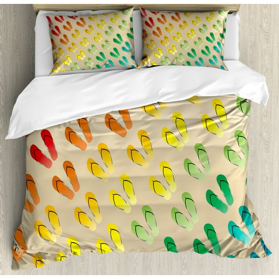 Flip Flop Queen Size Duvet Cover Set, Pairs of Beach Sandals Aligned in Graded Rainbow Color Scale Diagonally Arranged, Decorative 3 Piece Bedding Set with 2 Pillow Shams, Multicolor, by Ambesonne