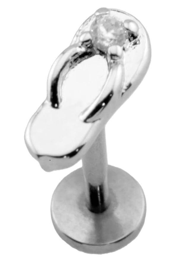 Flip Flop Sandal Labret Stud, 316L Surgical Steel, Threadless Push-In, 18GA, 5/16" Length, Silver with CZ
