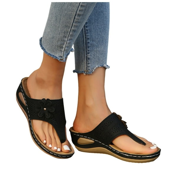 Beach Wedge Flip Flops for Women 2025 Summer Boho Flower Leather High Heels Slip on Slippers Dress Sandals