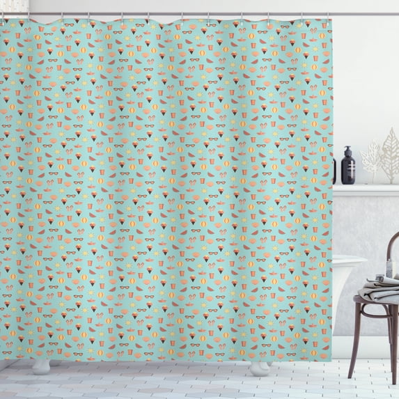 Flip Flop Shower Curtain, Flat Design Illustration Summer Beach Elements Waffle Cone Ice Cream, Fabric Bathroom Set with Hooks, 69W X 75L Inches Long, Pale Blue Salmon Peach, by Ambesonne
