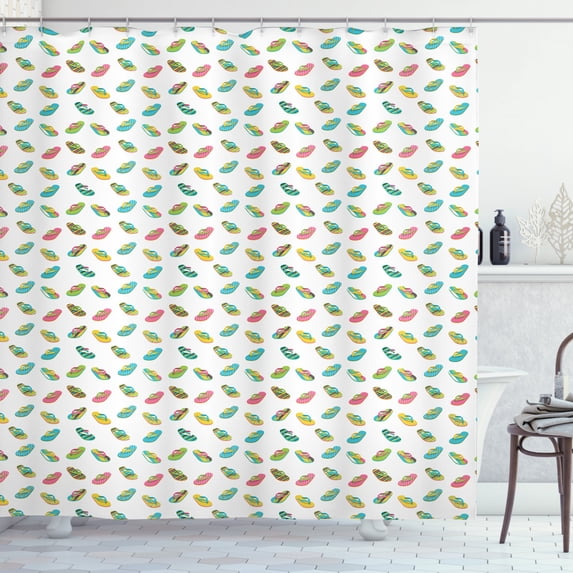 Flip Flop Shower Curtain, Foam Thong Sandals Design Pattern Including Polka Dots Stripes Crooked Lines, Fabric Bathroom Set with Hooks, 69W X 70L Inches, Multicolor, by Ambesonne