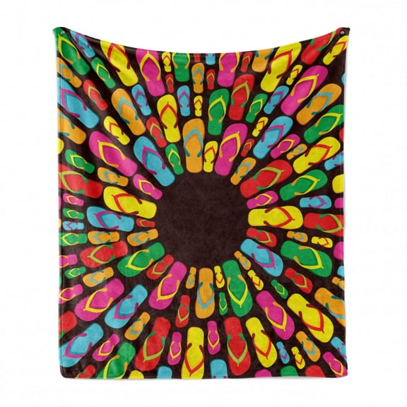 Flip Flop Soft Flannel Fleece Blanket, Colorful Funky Beach Slippers Aligned Circular Shape and Forming Mandala Pattern, Cozy Plush for Indoor and Outdoor Use, 50" x 60", Multicolor, by Ambesonne