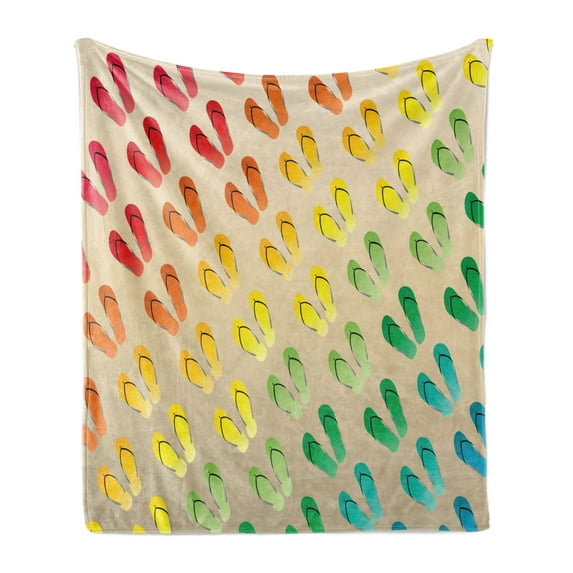 Flip Flop Soft Flannel Fleece Blanket, Pairs of Beach Sandals Aligned in Graded Rainbow Color Scale Diagonally Arranged, Cozy Plush for Indoor and Outdoor Use, 50" x 70", Multicolor, by Ambesonne