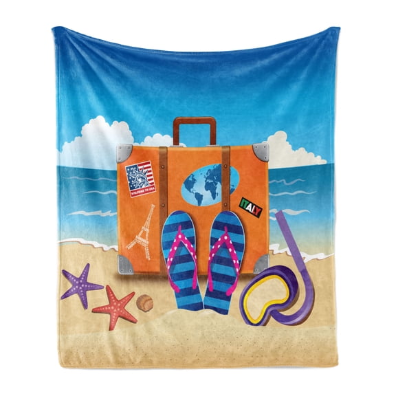 Flip Flop Soft Flannel Fleece Throw Blanket, Illustration of Travel Suitcase Colorful Stickers on and Snorkeling, Cozy Plush for Indoor and Outdoor Use, 60" x 80", Multicolor, by Ambesonne