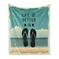thumbnail image 1 of Flip Flop Soft Flannel Fleece Throw Blanket, Scribbled Hand Drawn Style Beach Sandals with a Message on Oceanic Background, Cozy Plush for Indoor and Outdoor Use, 50" x 60", Multicolor, by Ambesonne, 1 of 5