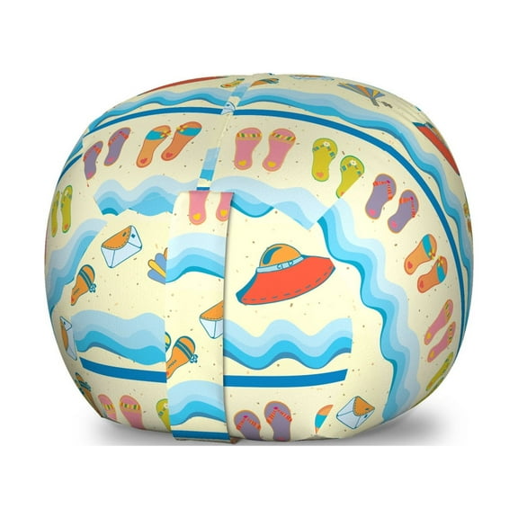 Flip Flop Storage Toy Bag Chair, Absurd Illustration of Sandy Beach with Flowing Sea Waves Straw Hats and Purse, Stuffed Animal Organizer Washable Bag, Large Size, Multicolor, by Ambesonne