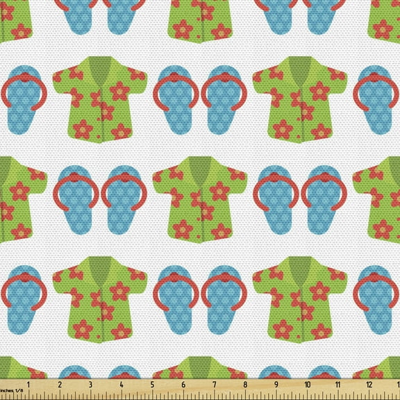 Flip Flop Upholstery Fabric by the Yard, Exotic Floral Patterned Shirts and Beach Slippers Summer Fashion, Decorative Fabric for DIY and Home Accents, 2 Yards, Pale Green Pale Blue by Ambesonne