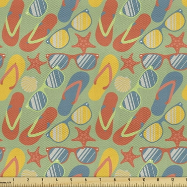 Ambesonne Flip Flop Fabric by the Yard Upholstery, Starfishes Seashells, 3 Yards, Green Vermilion