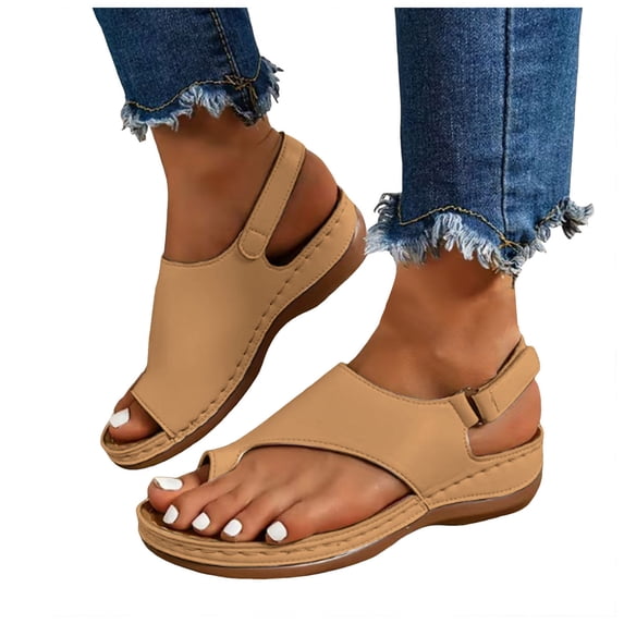 Flip Flops Arch Support Womens Orthopeic Wedge Sandals Adjustable Slingback Casual Summer Walking Shoes Beige Size 9
