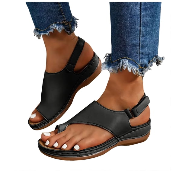 Flip Flops Arch Support Womens Orthopeic Wedge Sandals Adjustable Slingback Casual Summer Walking Shoes Black Size 8.5